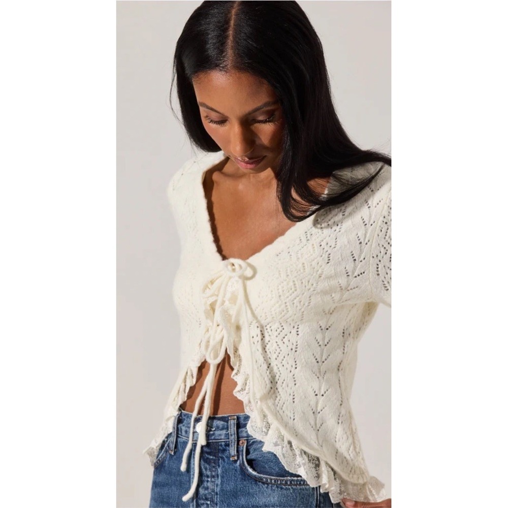 NEW ASTR The Label Cream Lacey pointelle lace trim Cardigan SM Romantic